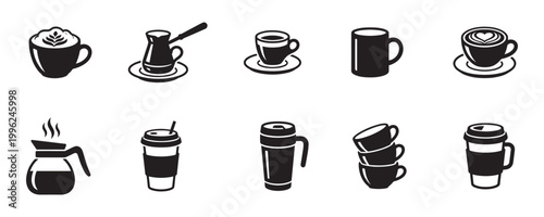 Coffee Cups and Beverage Icon Set. Latte Art, Mug, Espresso and Takeaway. Vector Illustration.