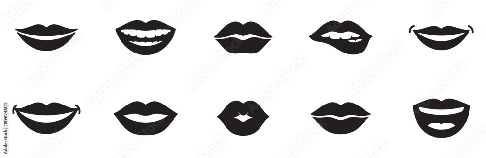 Obraz premium Lips and Mouth Expression Icon Set. Smile, Kiss, Teeth, Emotions Collection. Vector Illustration.