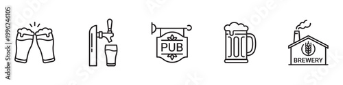 Beer, Pub and Brewery Icon Set. Glass, Mug, Tap, Bar Sign, Factory. Vector Illustration.