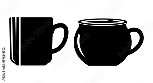 Coffee mug icon set black silhouette flat style, white background, vector Illustration