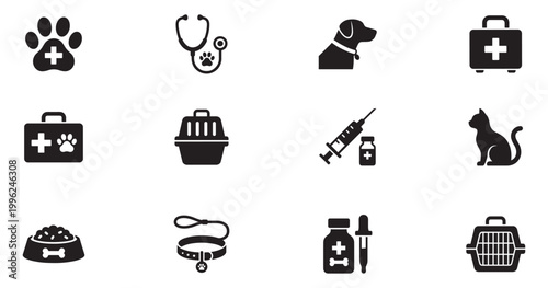 Veterinary and Pet Care Icon Set. Animal Clinic, Medical Tools, Dog, Cat and Grooming Symbols. Vector Illustration.
