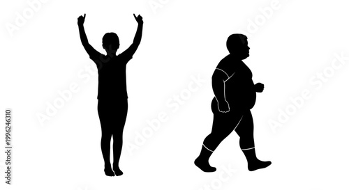 Fat and slim man icon set black silhouette, weight loss transformation, white background, vector Illustration