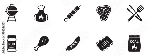 BBQ and Grill Icon Set. Barbecue Cooking, Meat, Steak, Tools and Picnic Elements. Vector Illustration.