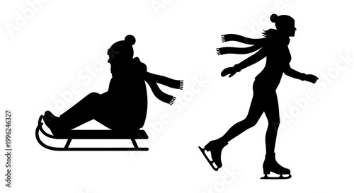 Winter sports icon set with sledding and ice skating silhouettes, white background, vector Illustration
