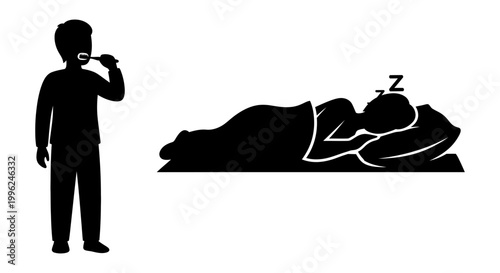 Daily routine icon set with boy brushing teeth and sleeping, black silhouette, white background, vector Illustration