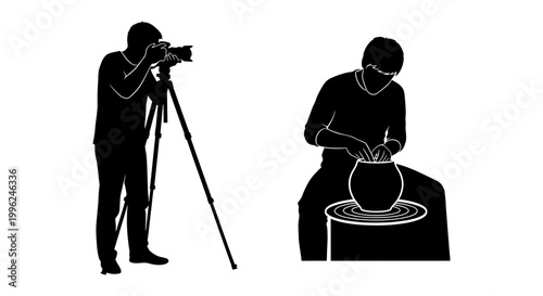 Hobby and profession icon set featuring photographer and potter silhouettes, white background, vector Illustration