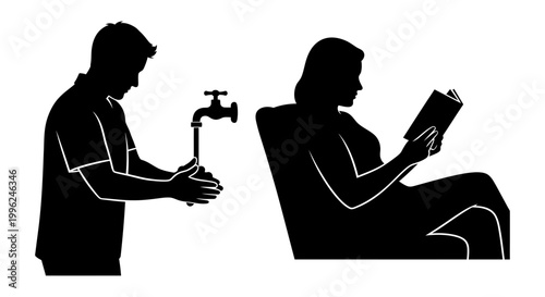 Daily routine icon set with man washing hands and woman reading book, black silhouette, white background, vector Illustration