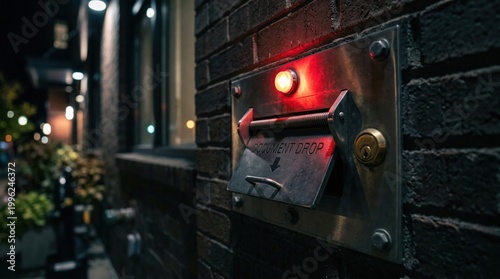 Medium shot showing an afterhours document drop slot illuminated with a red indicator blurred background enhancing the slots secure design and accessibility.