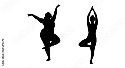 Yoga and dance icon set with female silhouettes in tree pose and ballet, white background, vector Illustration