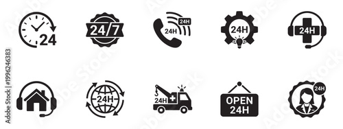 24/7 Service and Support Icon Set. Round the Clock, Customer Care, Hotline and Emergency Symbols. Vector Illustration.