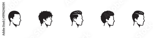 Men's Hairstyles Icon Set. Barber Shop, Male Haircut Types and Grooming Profiles. Vector Illustration.