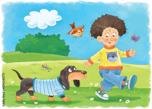 Favorite pets. A cute boy playing with his favorite pets. Illustration for children. Coloring page. Cute and funny cartoon characters