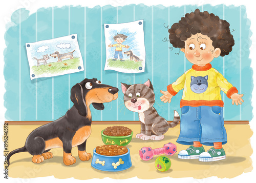 Favorite pets. A cute boy playing with his favorite pets. Illustration for children. Coloring page. Cute and funny cartoon characters