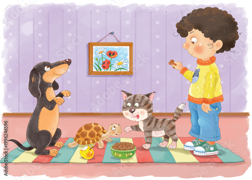 Favorite pets. A cute boy playing with his favorite pets. Illustration for children. Coloring page. Cute and funny cartoon characters