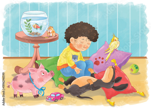 Favorite pets. A cute boy playing with his favorite pets. Illustration for children. Coloring page. Cute and funny cartoon characters