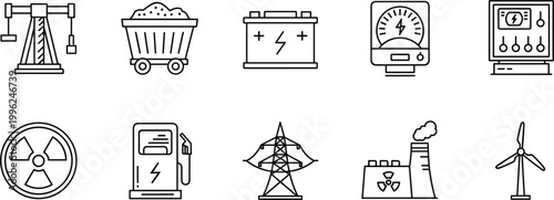 Energy industry icons set including mining crane battery gauge nuclear renewable power line vector illustration