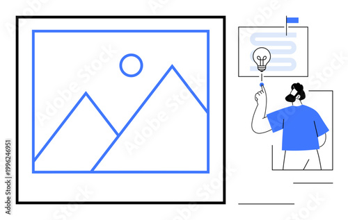 Visual creativity, design thinking, project development, innovation, brainstorming, art concepts, online learning. Minimalist art with light bulb and landscape graphic. Visual creativity and design