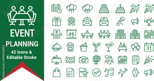 Event palanning icon set with editable stroke 