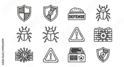 Cybersecurity icons set for digital protection and network security.