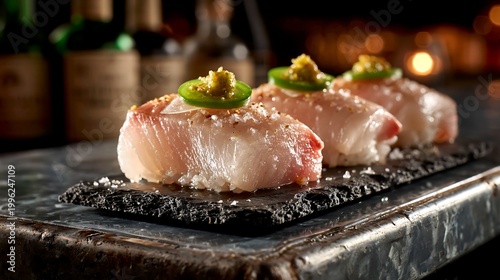 Yuzu kosho yellowtail sushi with jalapeno slices on a slate board