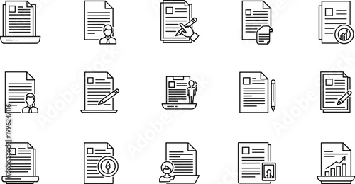 Business document management line icon set with report files analytics editing and office paperwork vector illustration