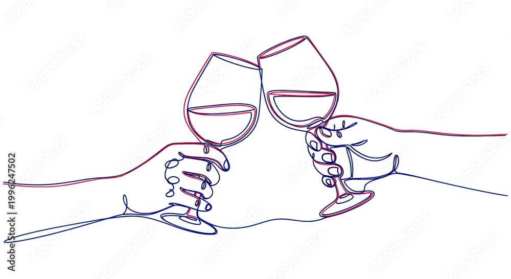 Naklejka premium Two hands clinking wine glasses in minimalist line art, celebrating toast