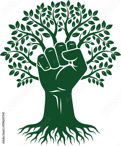 Powerful symbol a hand emerging from tree roots representing strength