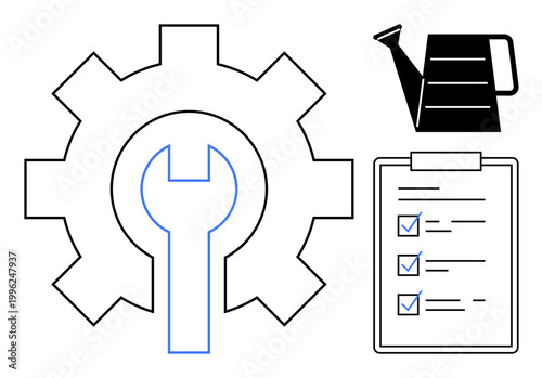 Maintenance, task management, repair, work planning, gardening, productivity. Gear and wrench, watering can and checklist with blue checkmarks. Maintenance and task management concepts