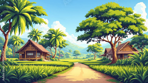 Elegant rural residences amid fertile acreage and broad crown foliage. Contemporary homestead panorama with palms, lawn, and winding lane. Spacious agrarian neighborhood under vibrant treetop 