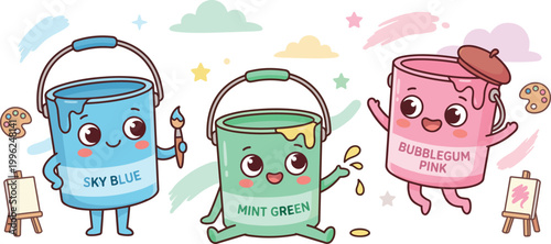 Canvas Print Adorable kawaii vector illustration of cute personified paint buckets in sky blue mint green and bubblegum pink with happy faces perfect for art education and creativity