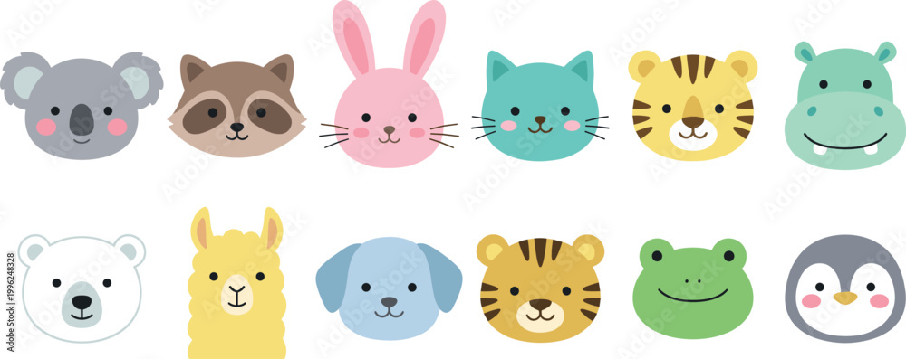 Fototapeta premium Collection of cute kawaii animal face icons featuring a koala raccoon rabbit cat tiger hippo polar bear llama dog frog and penguin isolated on white.