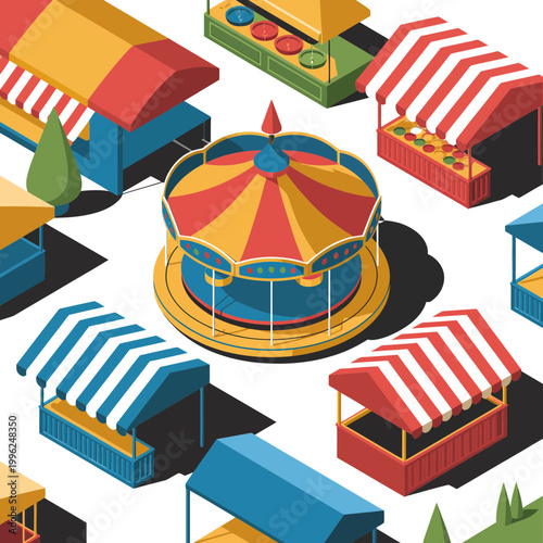 A colorful illustration of a carnival with various vendor stalls and a merry-go-round