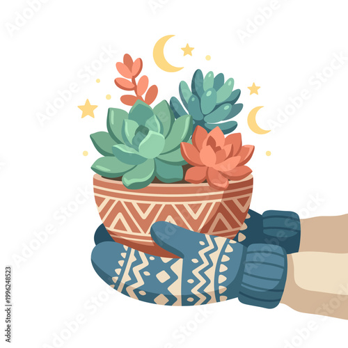 A charming illustration of a person wearing mittens holding a decorative plant pot full of succulents, representing care, growth, and connection to nature and gardening.