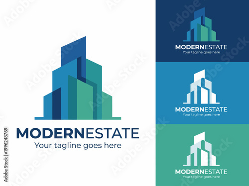 This logo design features stylized buildings in varying shades of blue and green, embodying modern real estate trends through a vibrant and contemporary aesthetic.