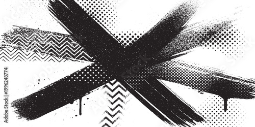 Grunge urban graphic with bold black cross shape over halftone dots and zigzag patterned textures halftone monochrome background distressed contrast resource industrial contemporary symbolic