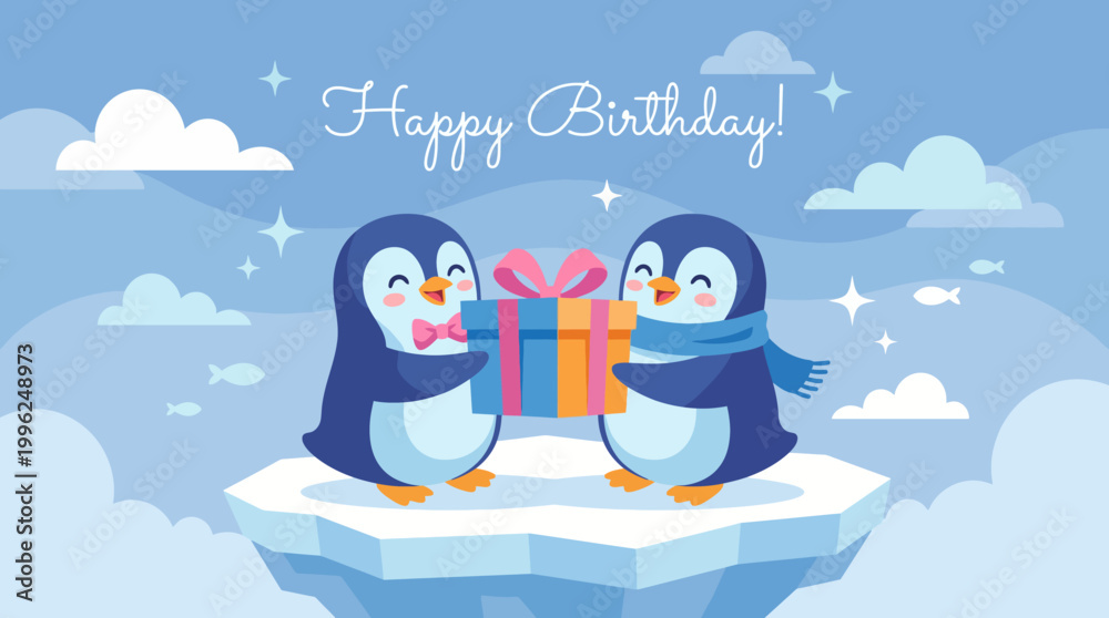 Obraz premium A cheerful illustration featuring two penguins exchanging a gift, celebrating a birthday with whimsical details, suitable for joyful occasions and children's celebrations.