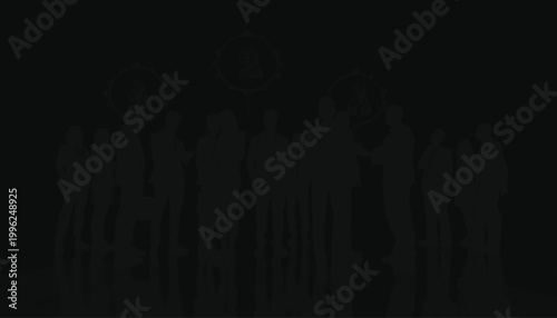 Silhouettes of professional people stand together in a dark room to represent a unified corporate team.