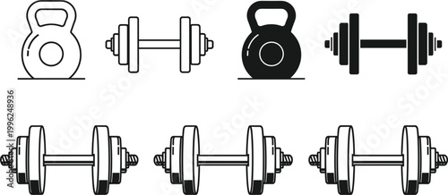 Fitness Gym Equipment Icon Set with Dumbbells Kettlebells Weight Training Strength Workout Vector Collection Design