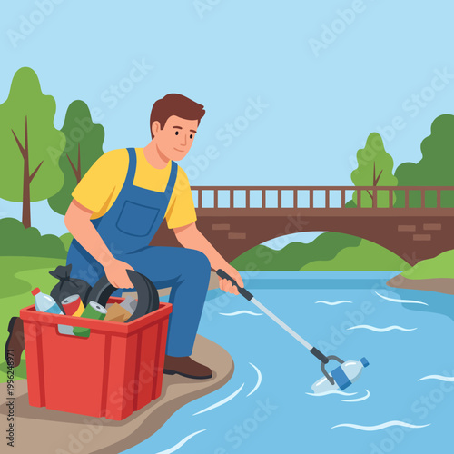 This engaging scene captures a man diligently picking up litter from a riverbank, highlighting the importance of environmental cleanliness and community involvement in nature conservation.