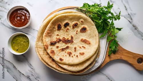 chapati on a white marble table east african flatbread fluffy and layered bread served with greens and sauces