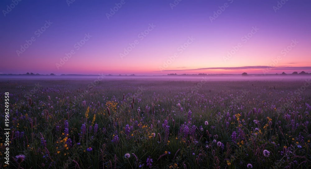 Naklejka premium Expansive wildflower meadow stretches beneath a vibrant twilight sky shrouded in low mist