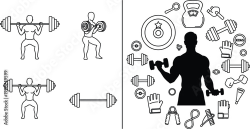 Fitness gym icons set with weightlifting bodybuilding equipment athlete silhouette workout training vector illustration