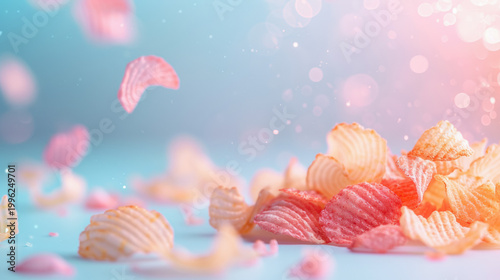 Colorful potato snacks against a silver background, illuminated by studio lighting—perfect for food photography and marketing materials