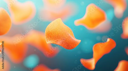 Golden potato chips floating against a turquoise background, illuminated by studio lighting—perfect for food photography and marketing materials