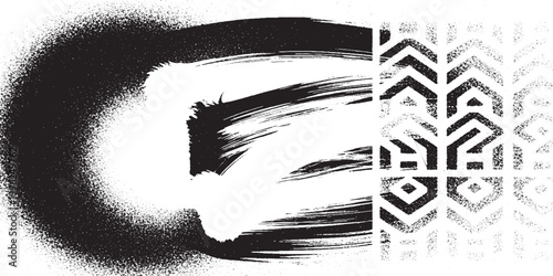 Dynamic abstract grunge black and white design with bold brush stroke merging into a fading geometric pattern texture background abstract splatter geometric distressed background artistic
