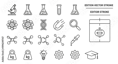 Collection of science and education icons in a hand-drawn sketch style.