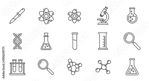 Collection of science and chemistry icons in a hand-drawn style.