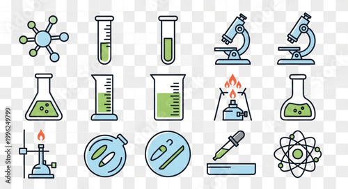 Collection of scientific laboratory equipment and symbols.