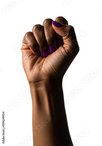 ultra-detailed macro shot of an adult black woman's powerfully clenched, raised fist against a transparent background with copy space. nails polished vibrant purple. iconic symbol of resistance and