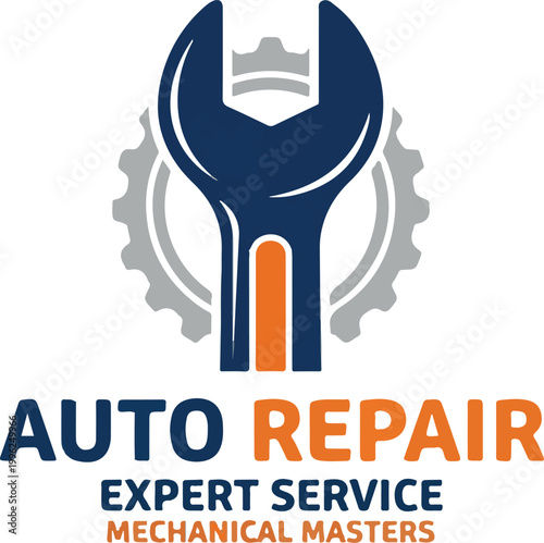 Auto repair logo with wrench and gear icon and expert text label